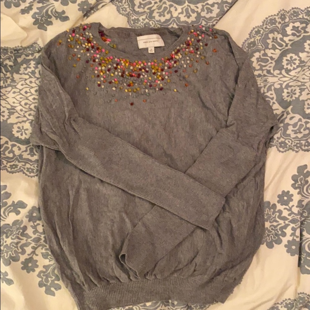 Anthropologie gray pom pom sweater